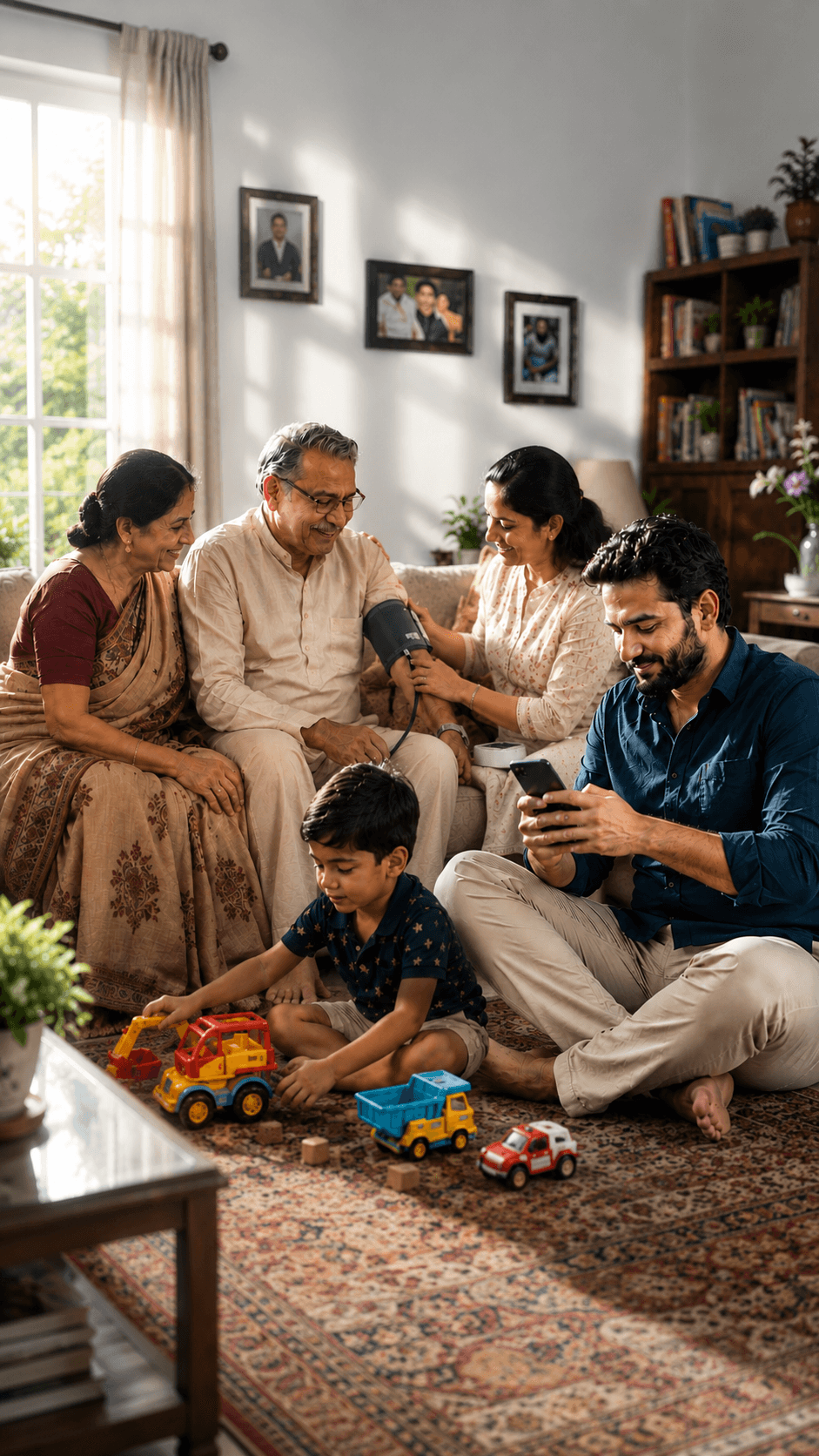 A family at home while Pushpa tracks their parents' health